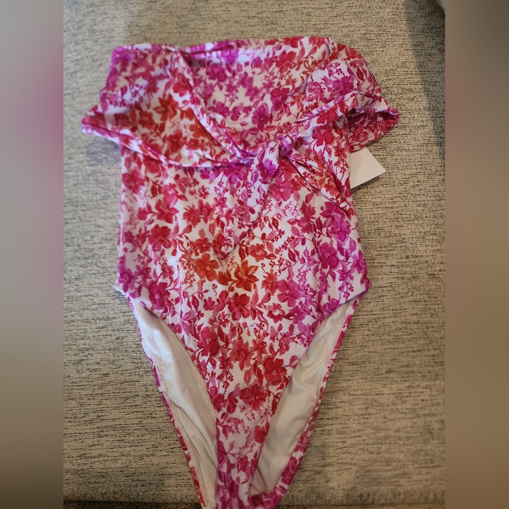NWOT PQ Swim Pink, Red and White Azalea floral swimsuit size S